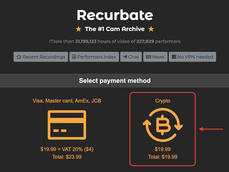 Seleccionando Crypto como método de pago en la página de pago