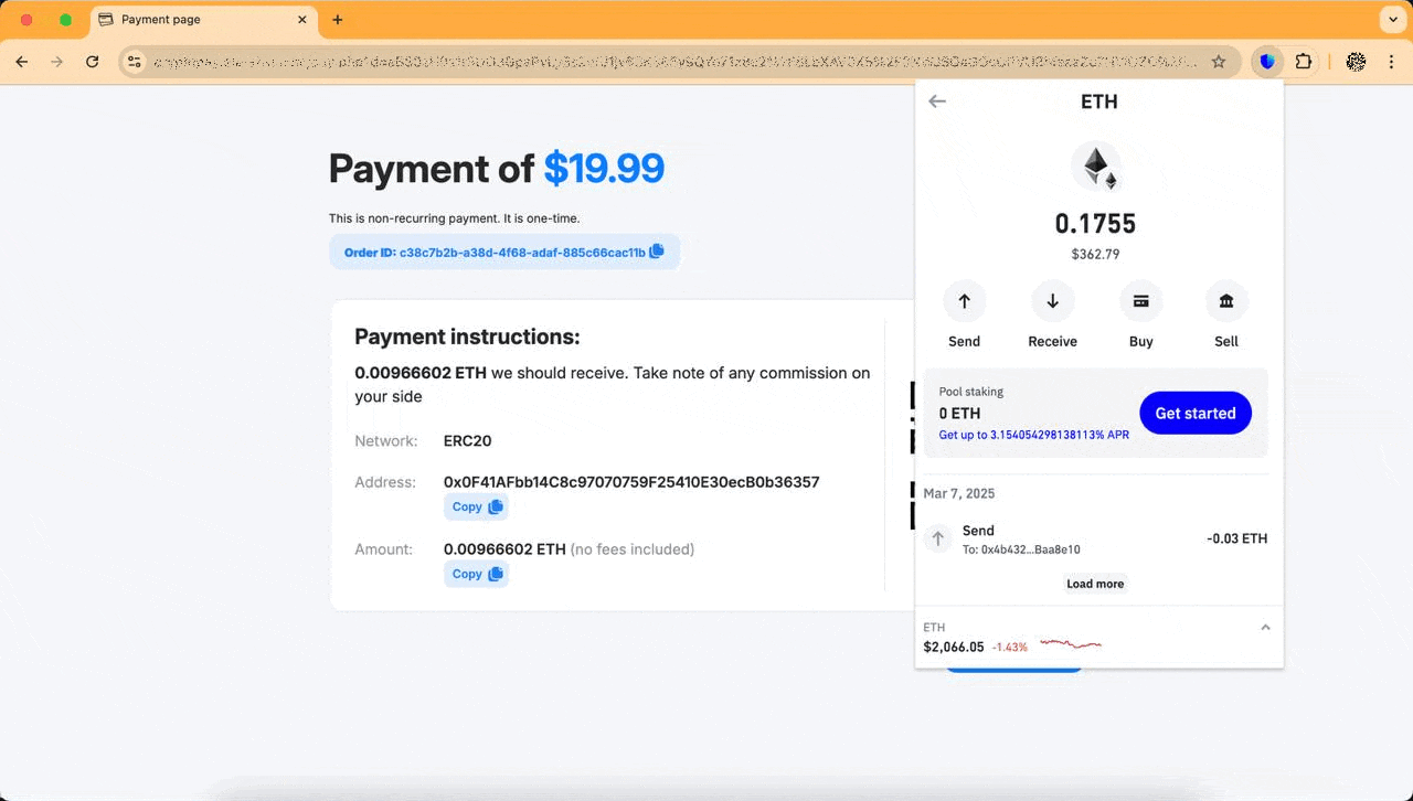 Enviando pago de criptomonedas desde la billetera